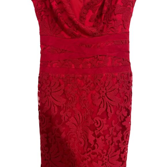 Tadashi Shoji Red Lace Cocktail Midi Dress Womens 4 Whimsigoth Romantic Floral - Picture 8 of 16